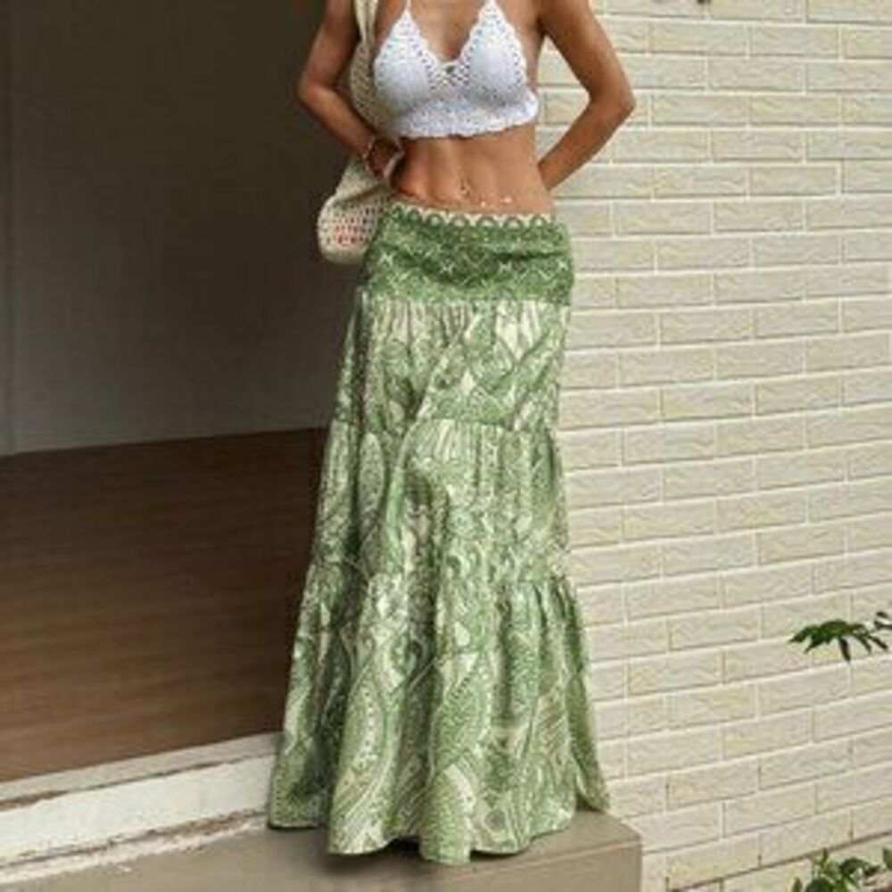 Green Boho Women's Bohemian Printed Long Skirt